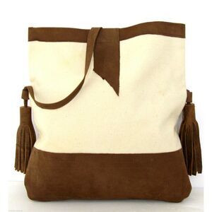 HANDMADE MURKA NATURAL IVORY CANVAS BROWN LEATHER TASSEL FOLD OVER SHOULDER BAG